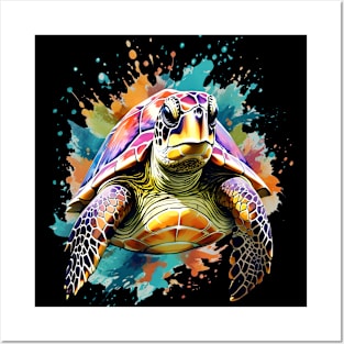 Sea Turtle Surrounded by Splashes of Watercolor Posters and Art